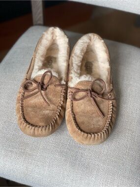 UGG Chestnut Suede Moccasin Slippers with Shearling Lining